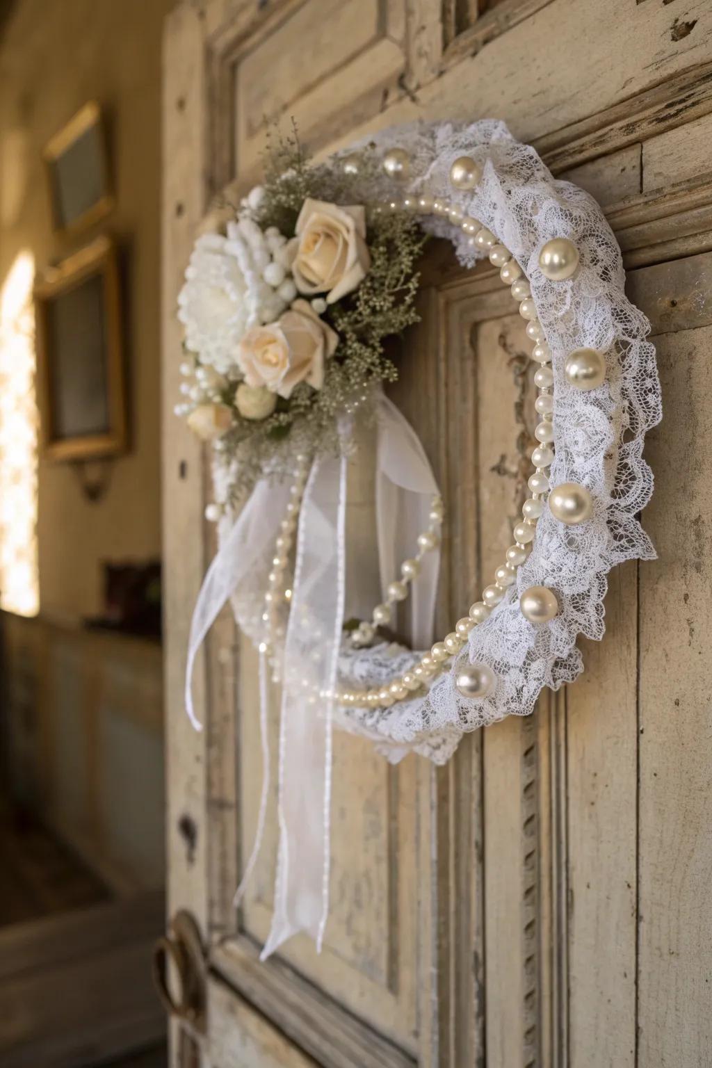 Vintage lace and pearl wreath for an elegant wedding.
