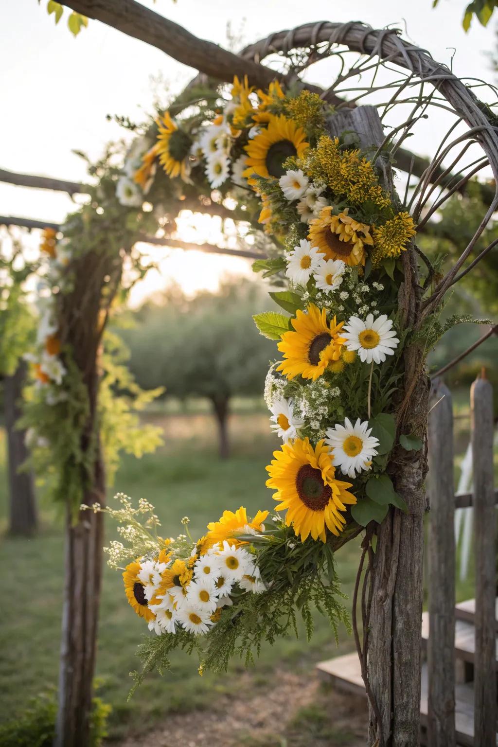 Sunflower and daisy wreath for a summer wedding.