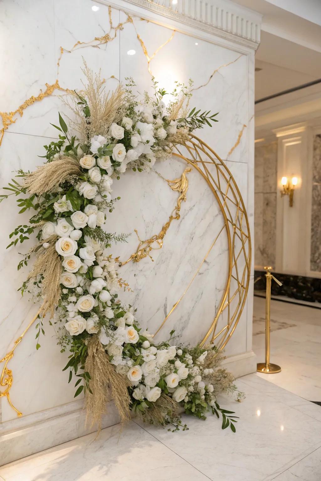 Glamorous gold wreath with white flowers.