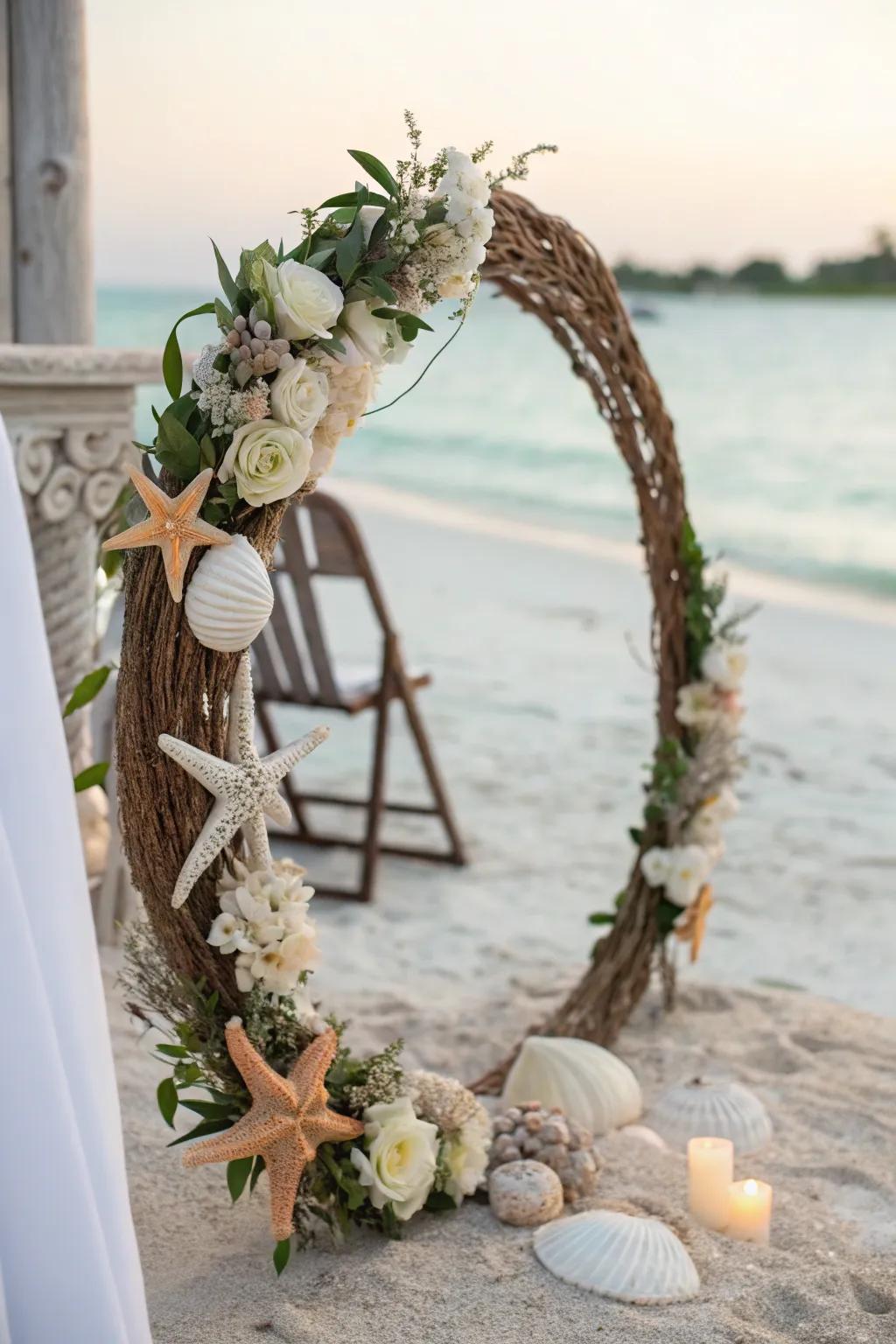 Seaside wreath with seashells and starfish for a beach wedding.