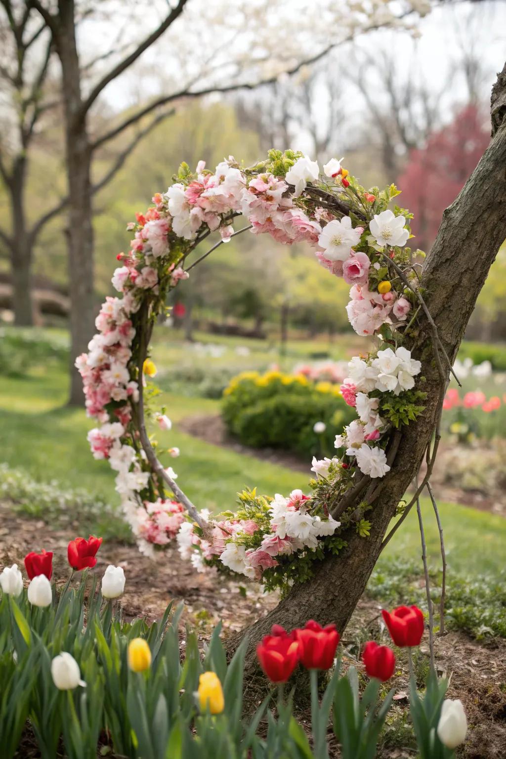 Spring wreath with cherry blossoms and tulips.