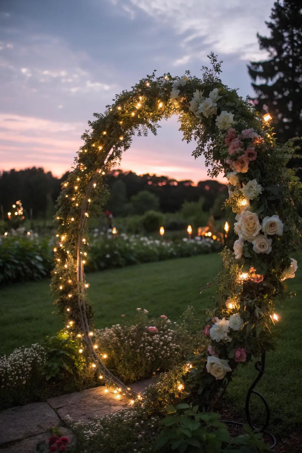 Whimsical wreath wrapped in fairy lights.