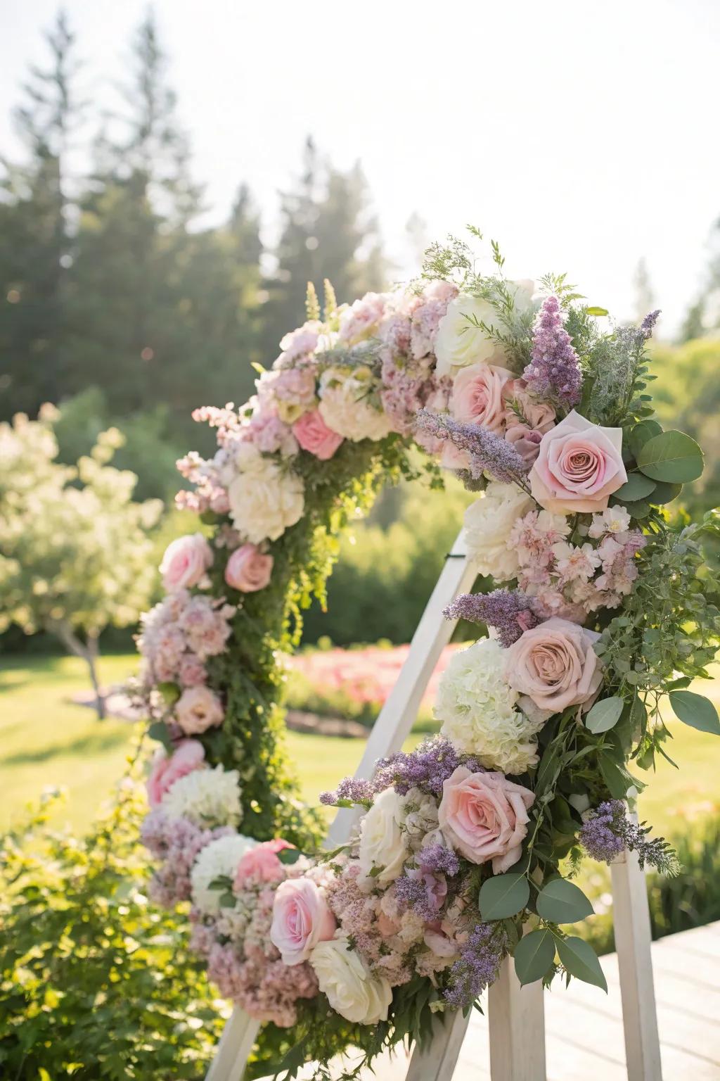 Pastel wreath with blush roses and lilacs.