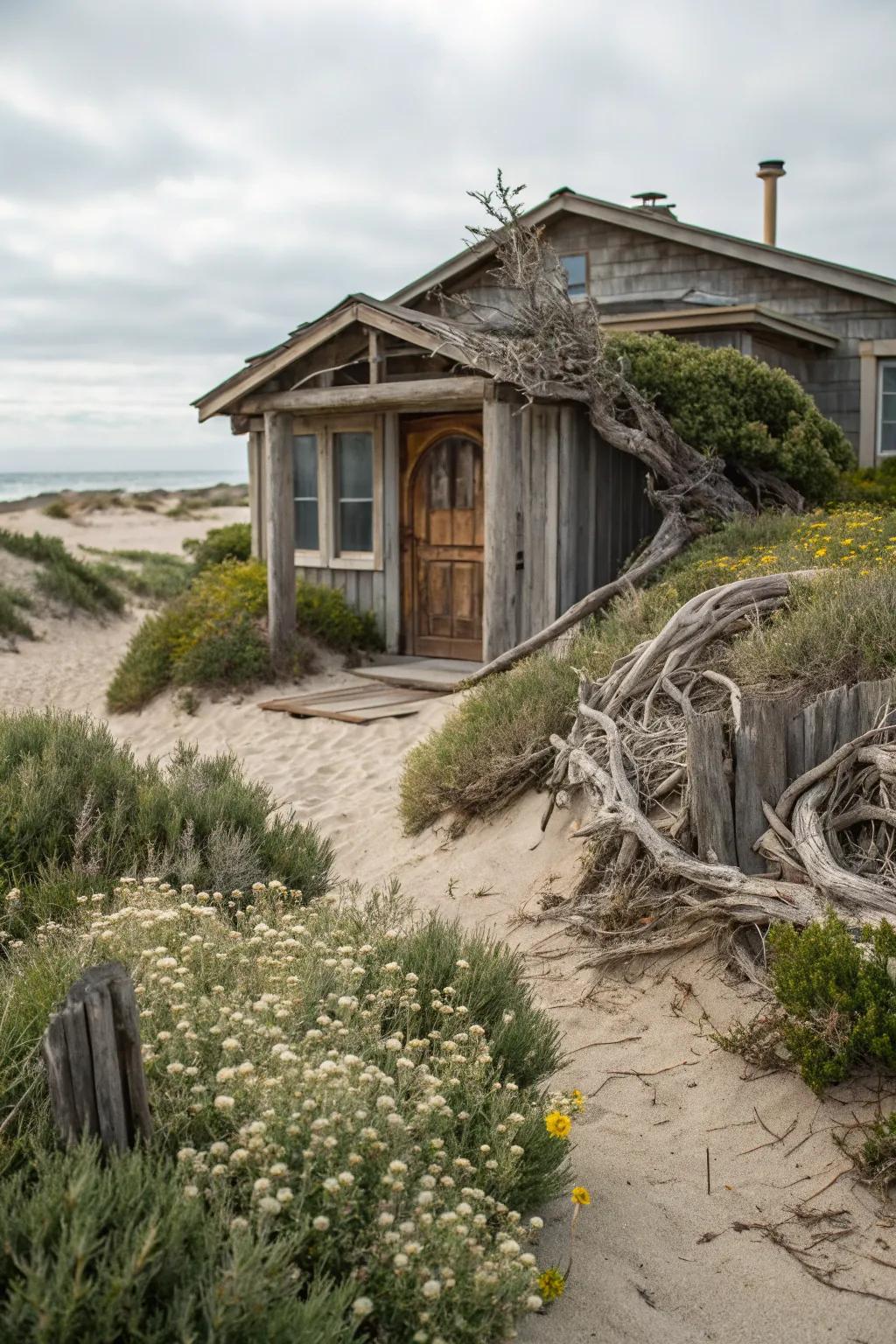 A rustic driftwood front door exudes natural coastal charm.