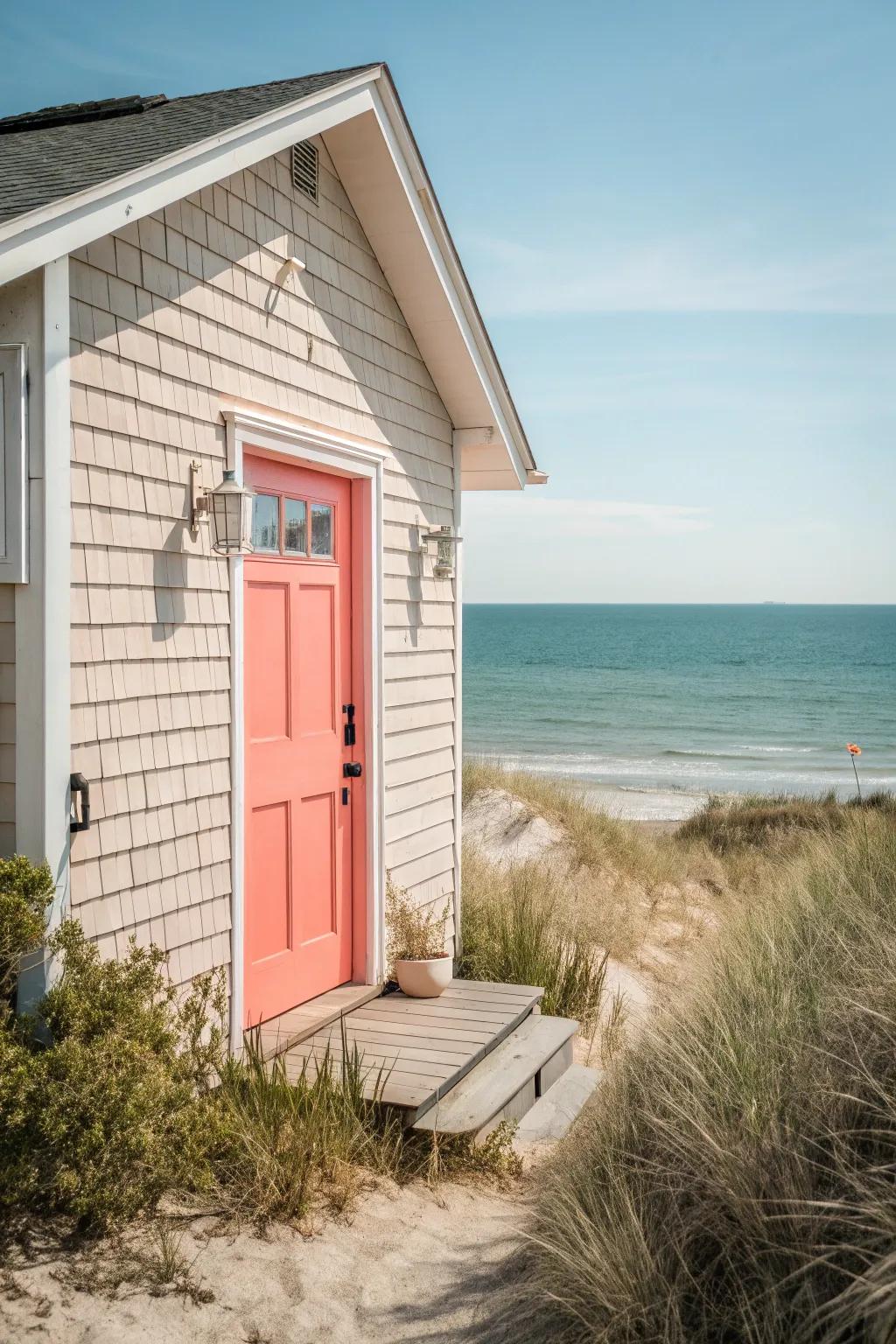 A vibrant coral front door adds a playful touch.