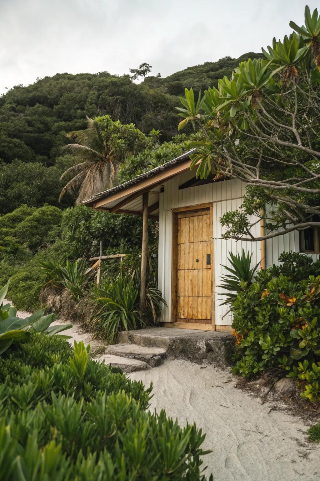 Bamboo front door offers eco-friendly tropical flair.