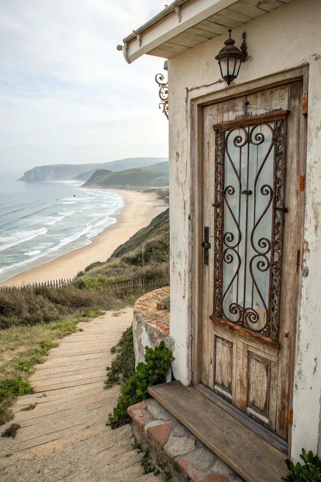 Rustic iron details add timeless coastal elegance.
