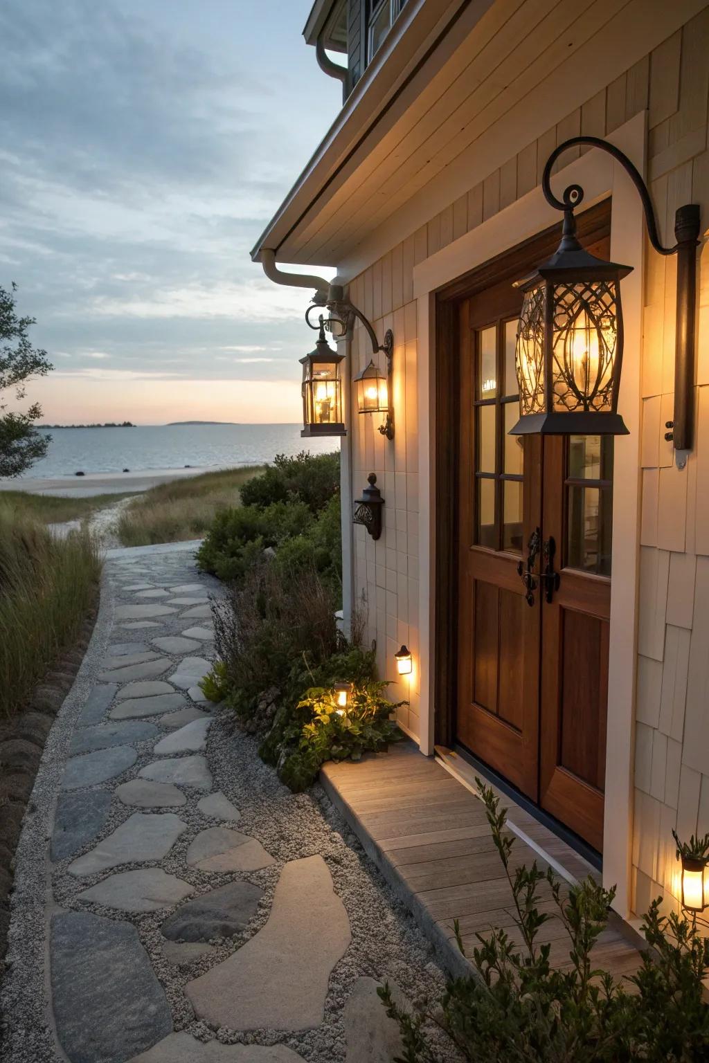 Inviting lighting creates a warm entrance ambiance.