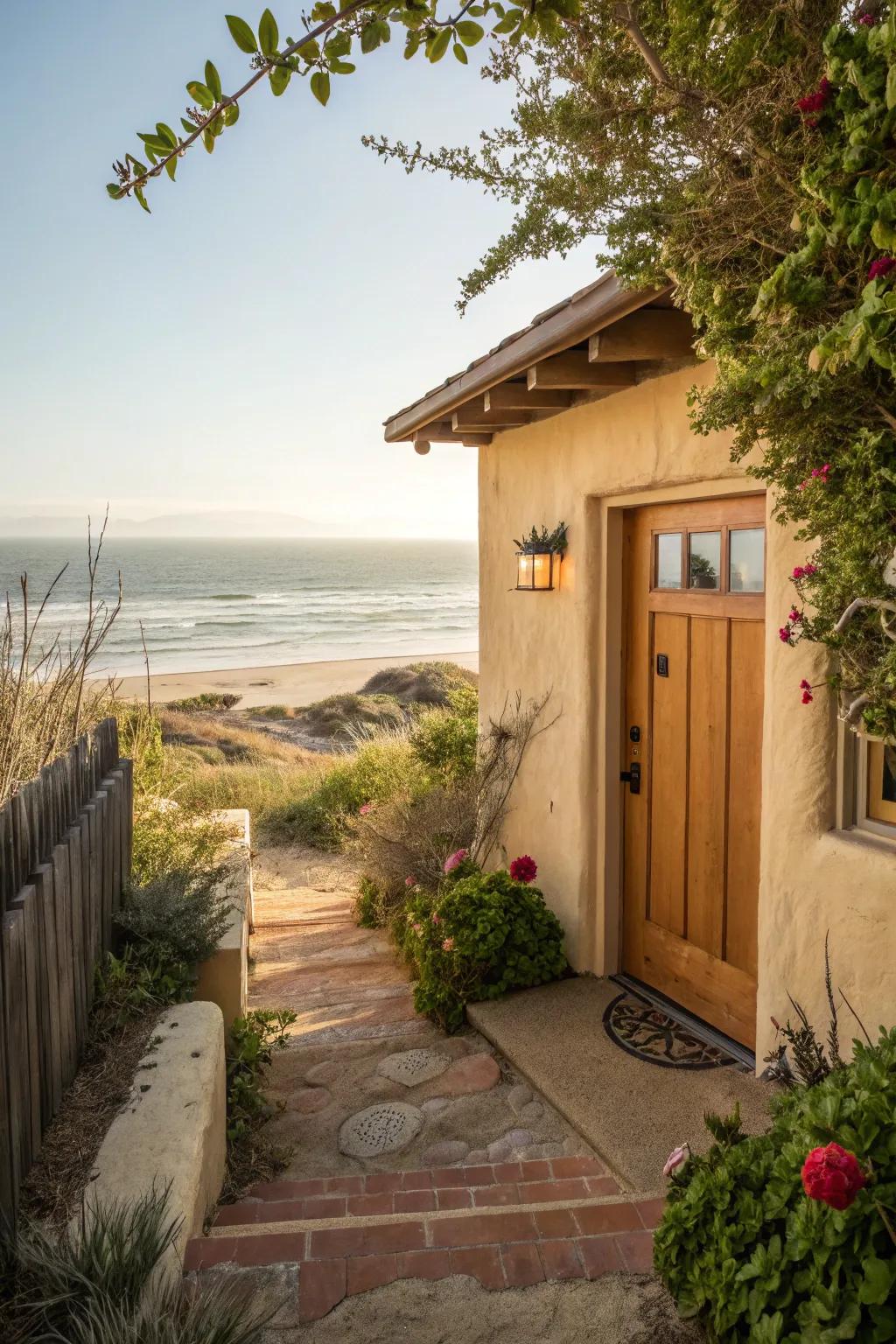 Earthy tones offer a warm, natural entrance.