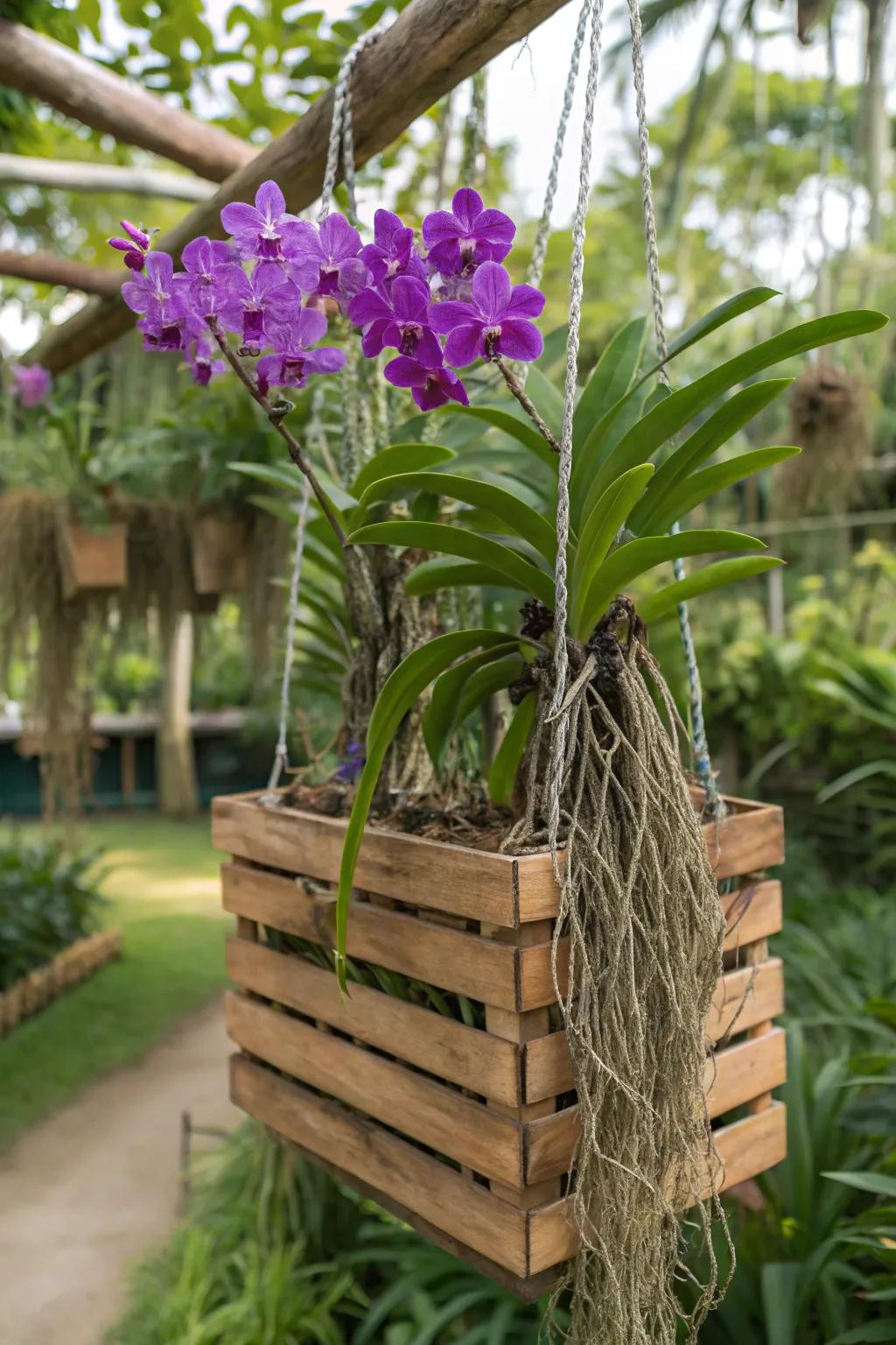 A classic wooden slat basket perfectly complements the Vanda orchid's natural beauty.