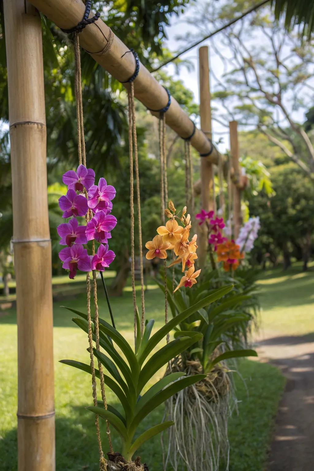 Bamboo poles offer a sustainable and exotic way to hang Vanda orchids.