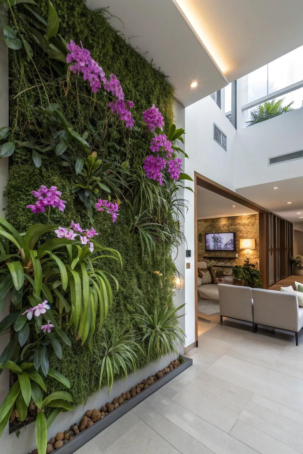 A living wall installation showcases the vibrant beauty of Vanda orchids.