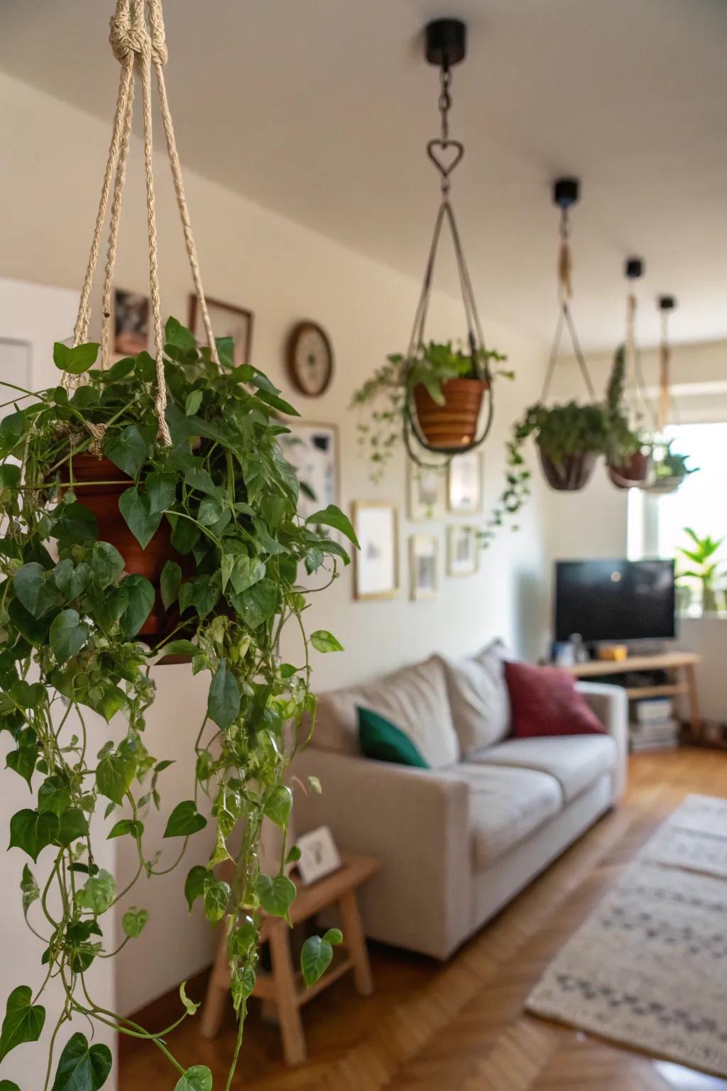 Ceiling hooks offer a versatile plant display.