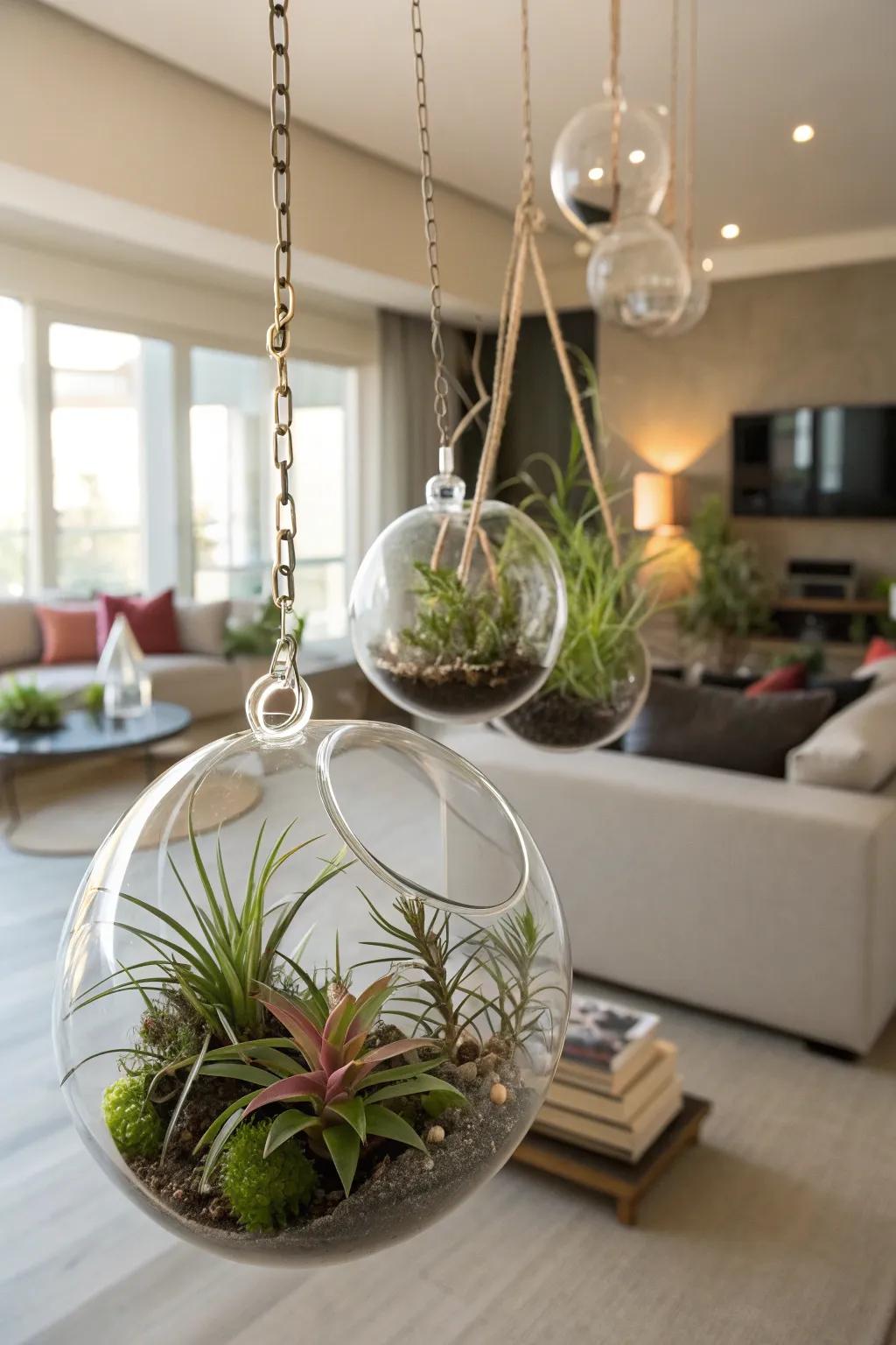 Hanging terrariums for a sleek look.