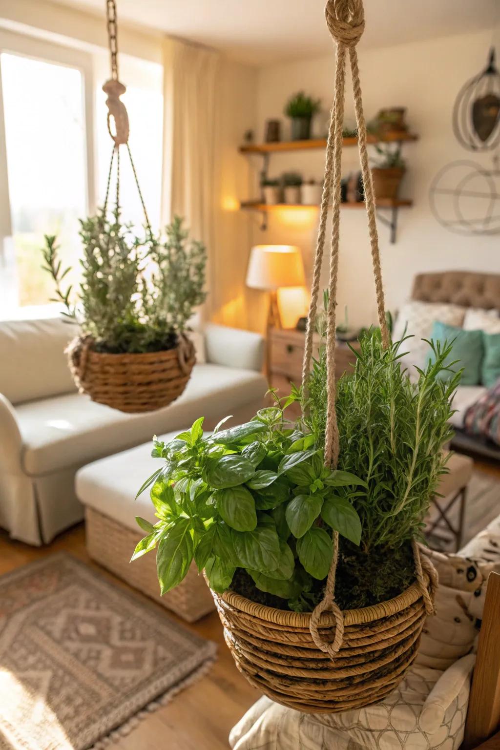 A functional and fresh hanging herb garden.