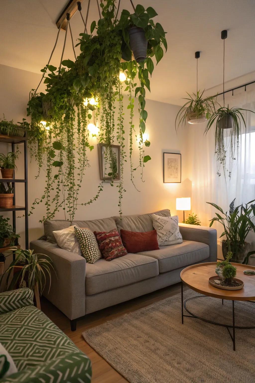 Enhance your sofa area with overhead plants.
