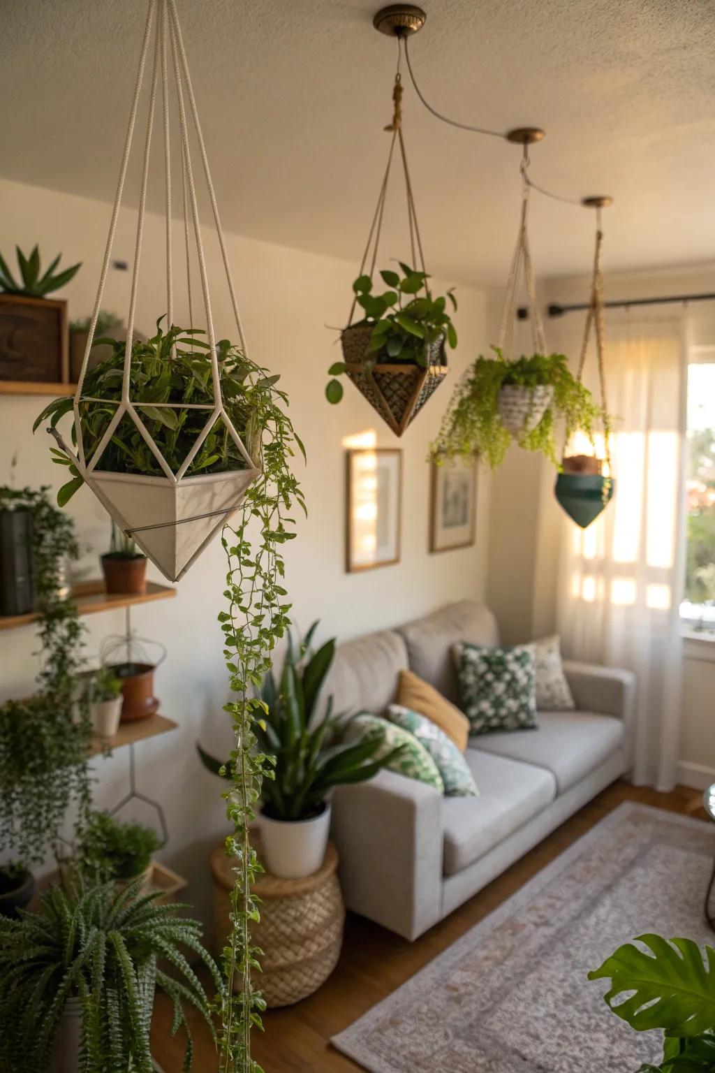 Geometric planters add a modern touch.