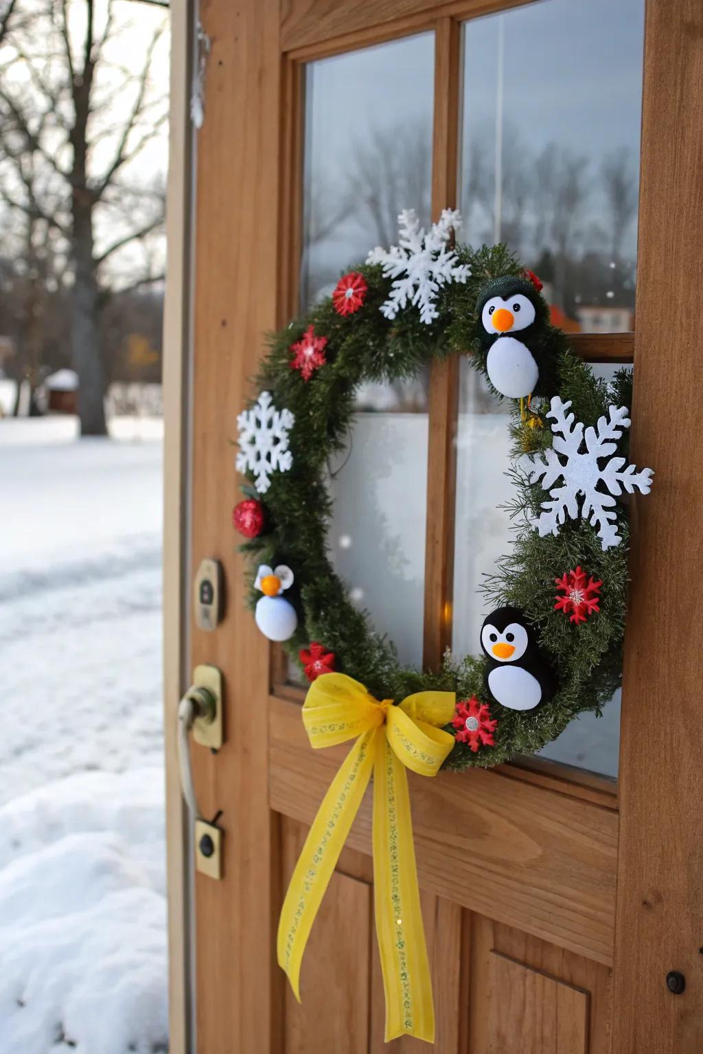 A wreath transformed into a penguin wonderland.