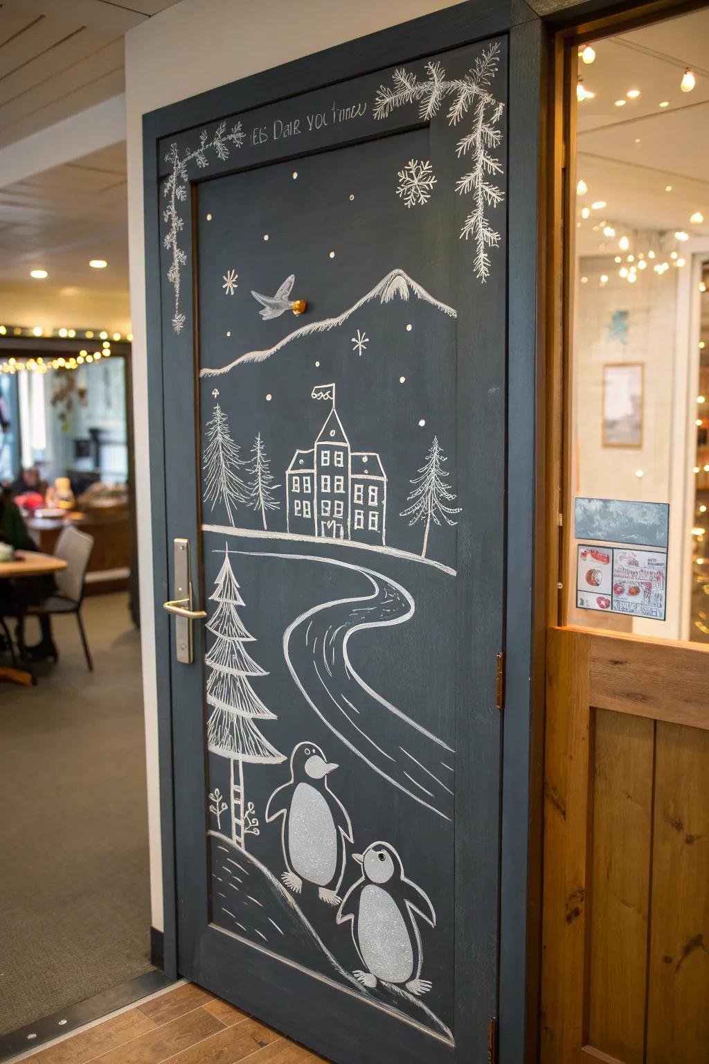 A customizable penguin chalkboard door for creative spirits.