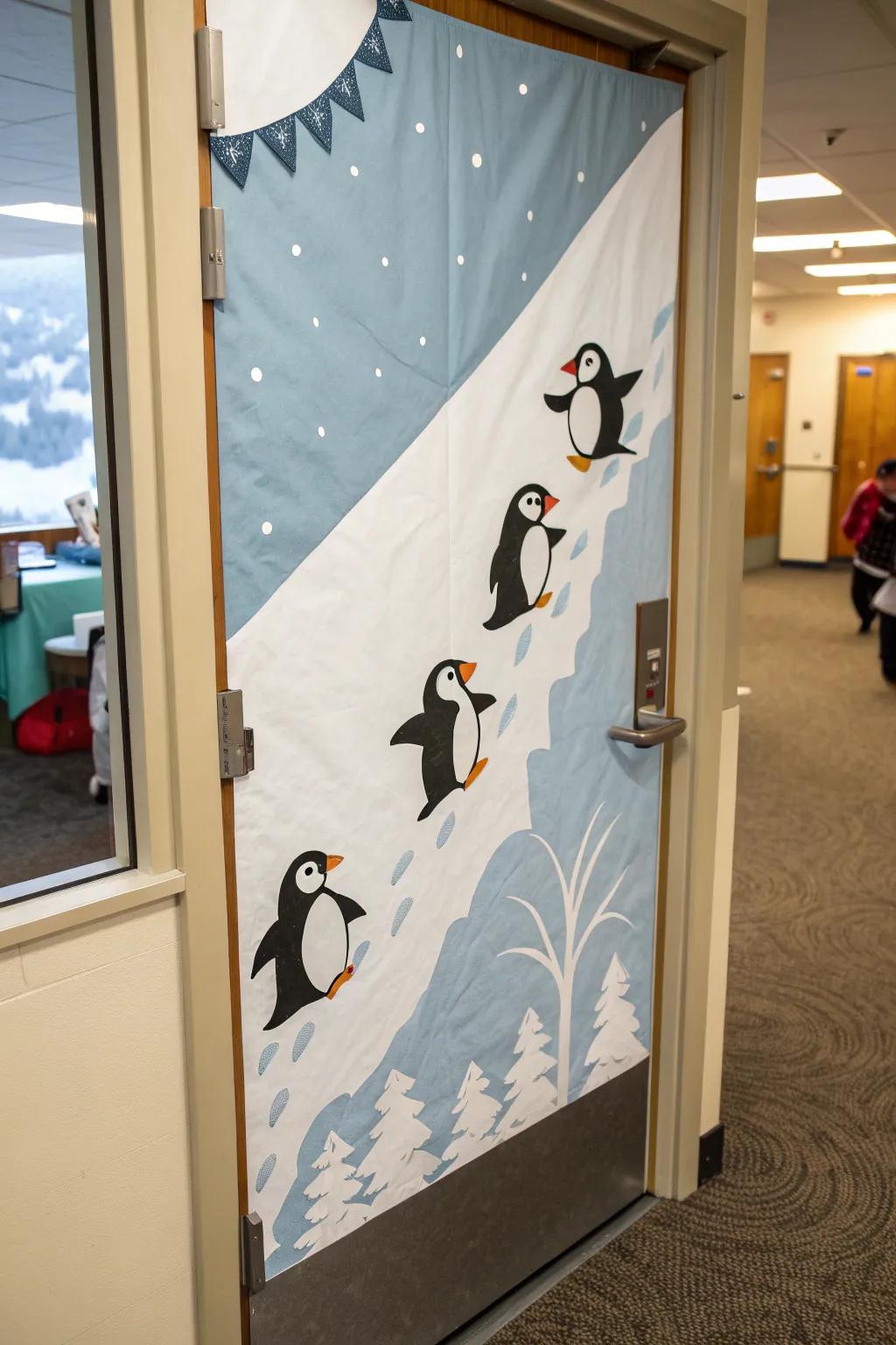 Penguins having a sliding adventure on your door.