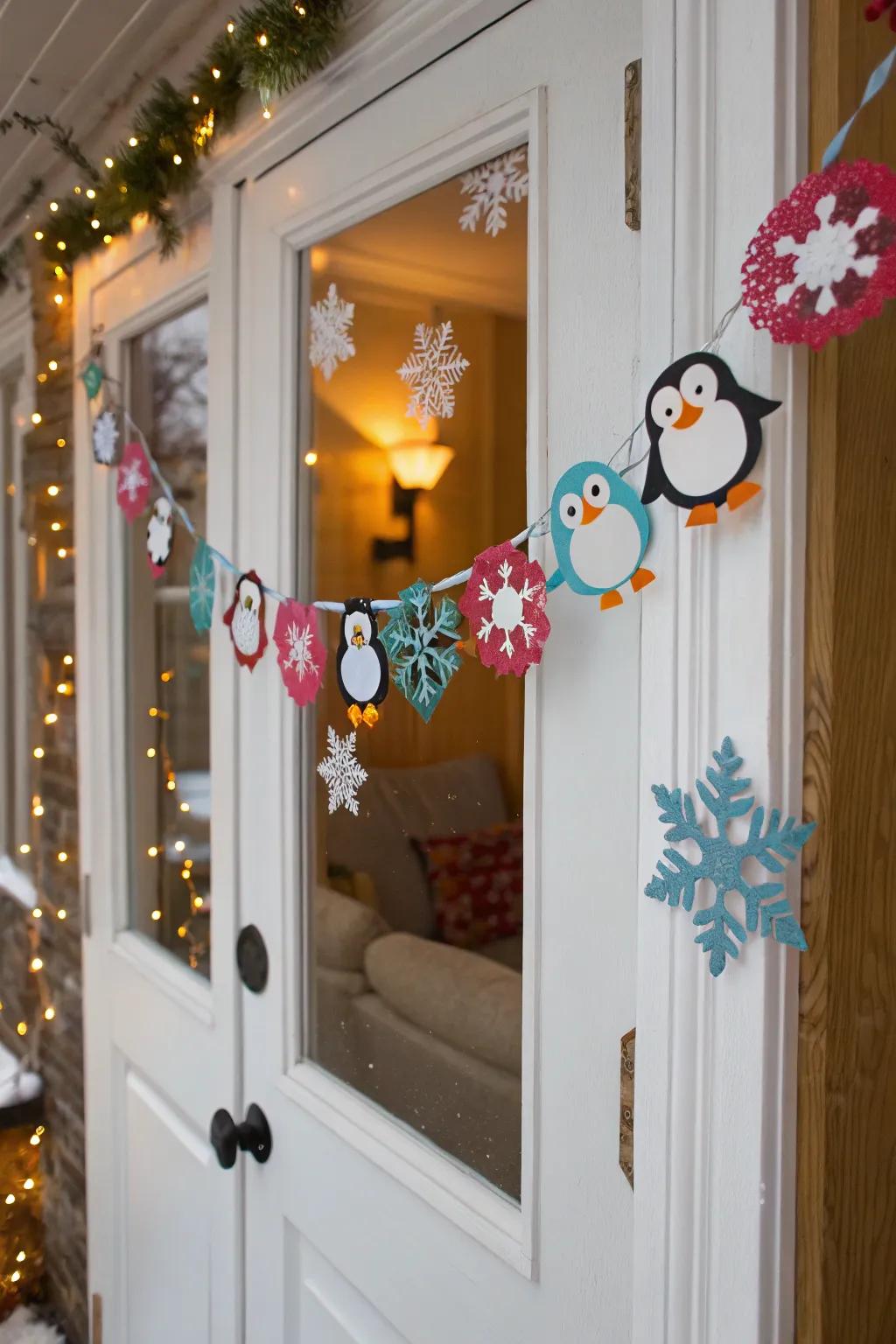 A delicate touch with a penguin and snowflake garland.