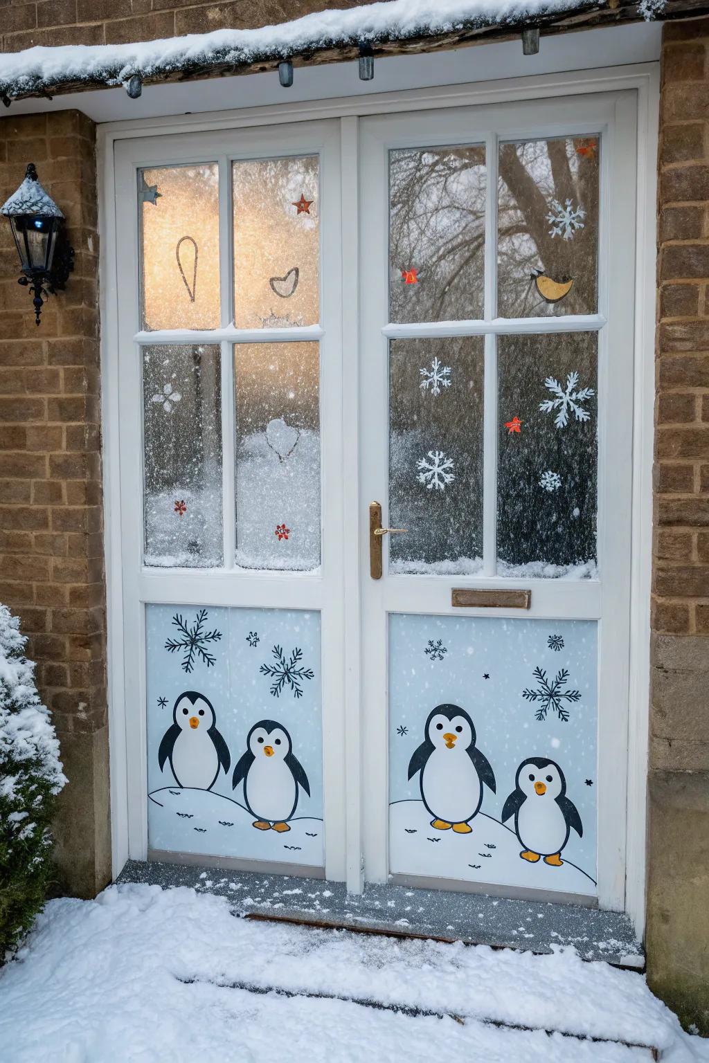 Transform windows with frosty penguin clings for winter magic.