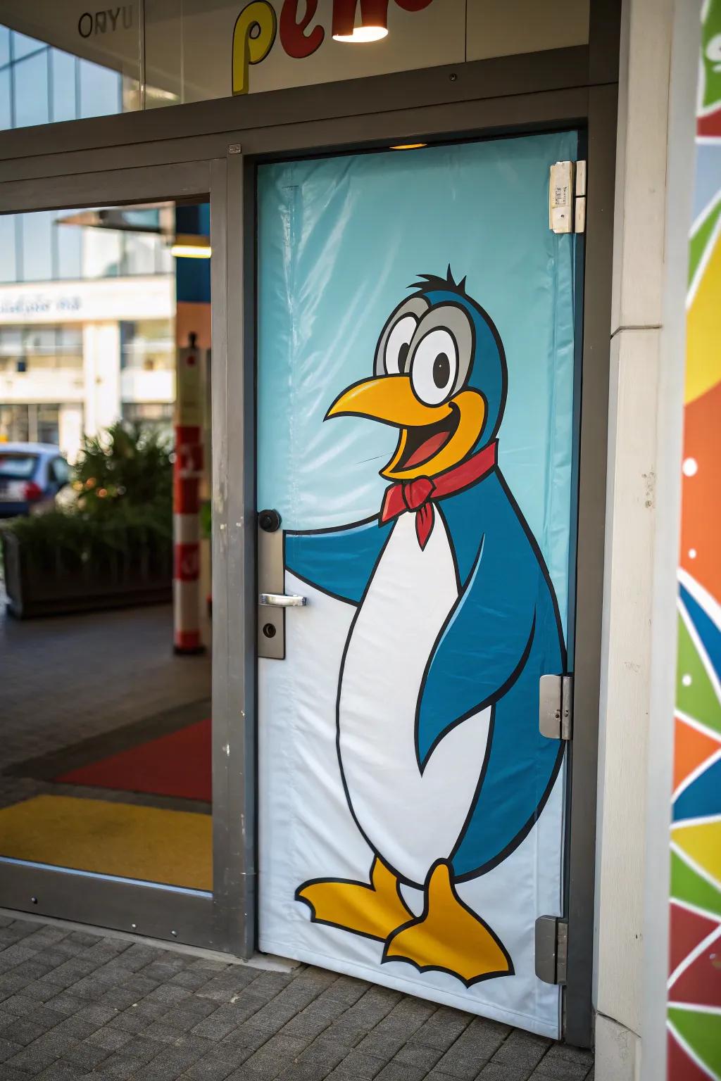 Make a bold statement with a whimsical penguin door wrap.