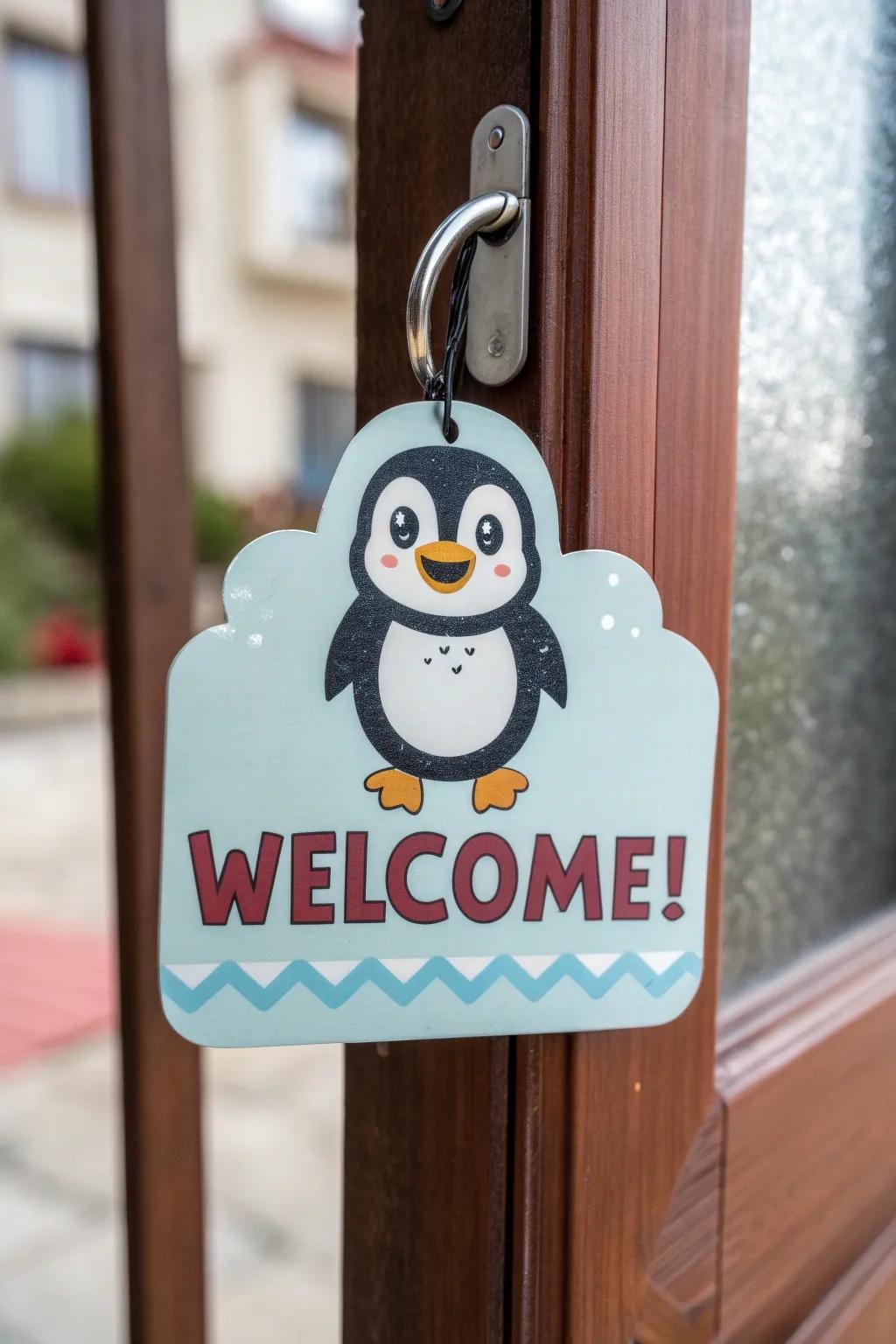 A cheerful penguin door hanger to welcome guests.