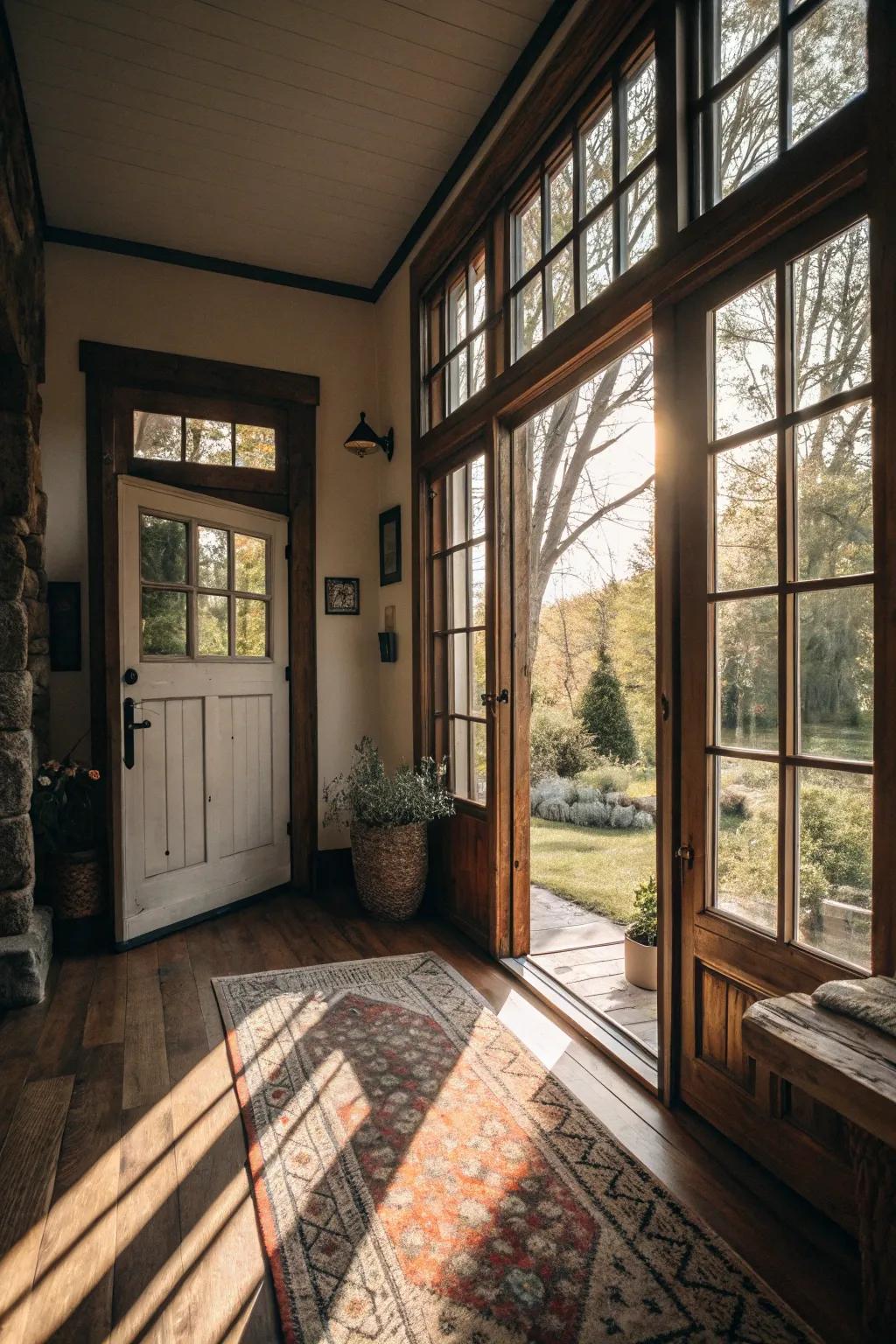 Sunlight fills the cottage entryway, creating a warm and open feel