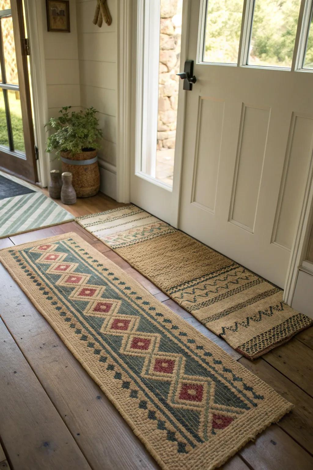 Layered rugs bring texture and warmth to the entryway