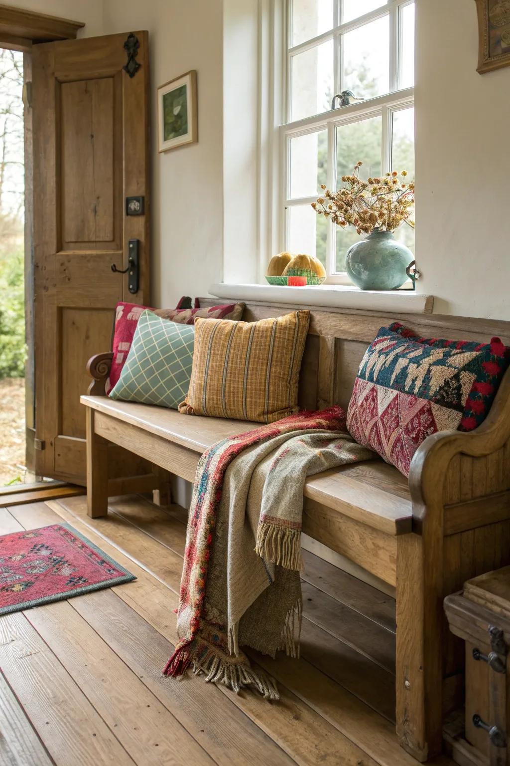 Rustic bench with cozy cushions, perfect for a cottage entryway