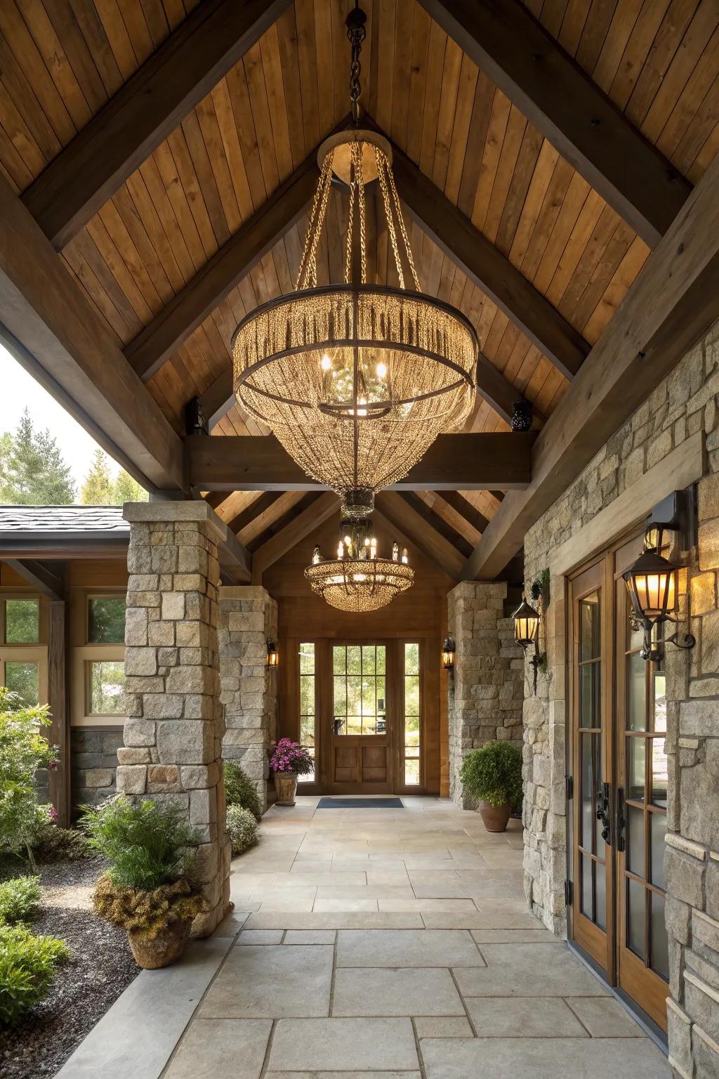 Statement chandelier brings elegance to the cottage entryway