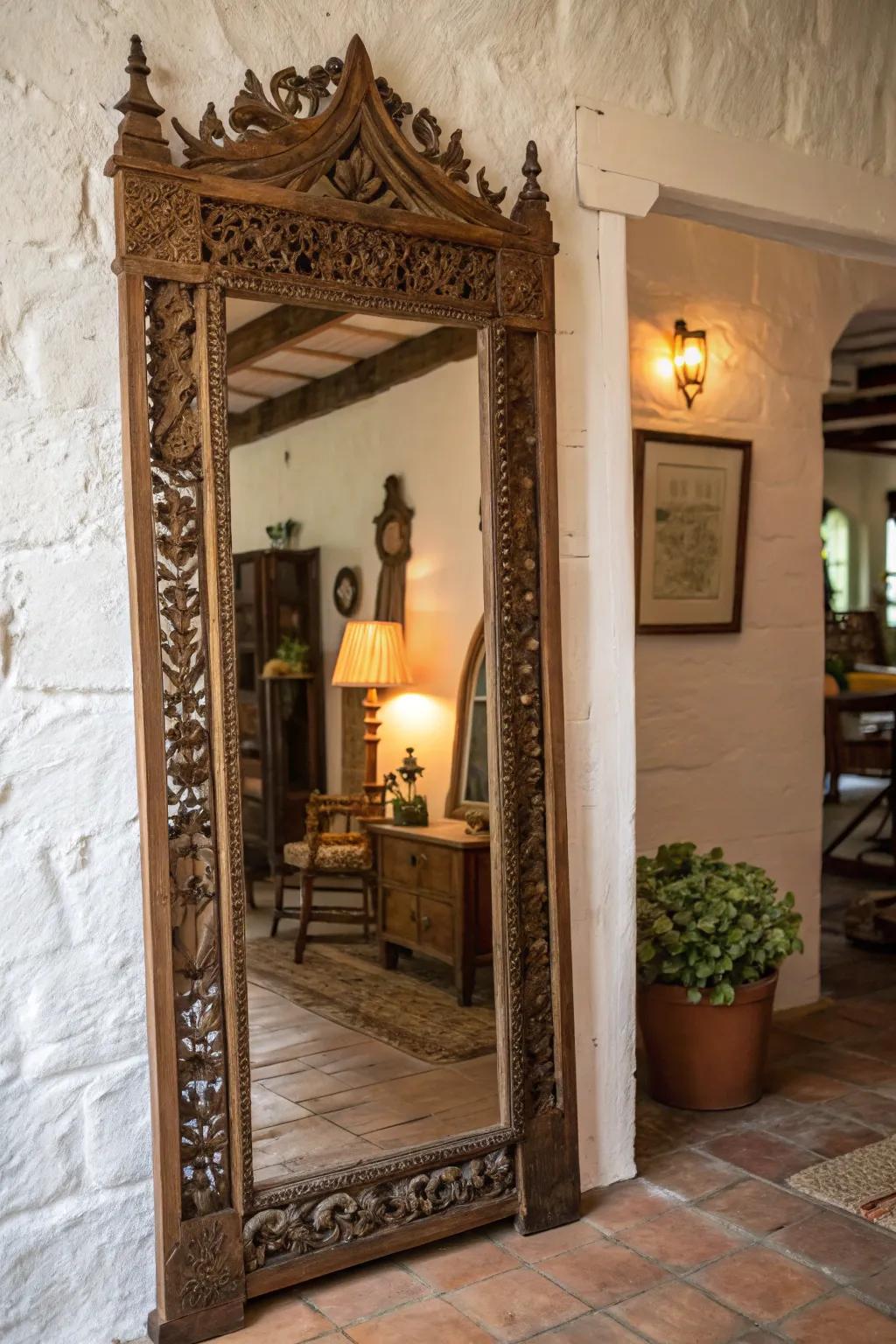 Antique mirror adds vintage charm and reflects light in the entryway