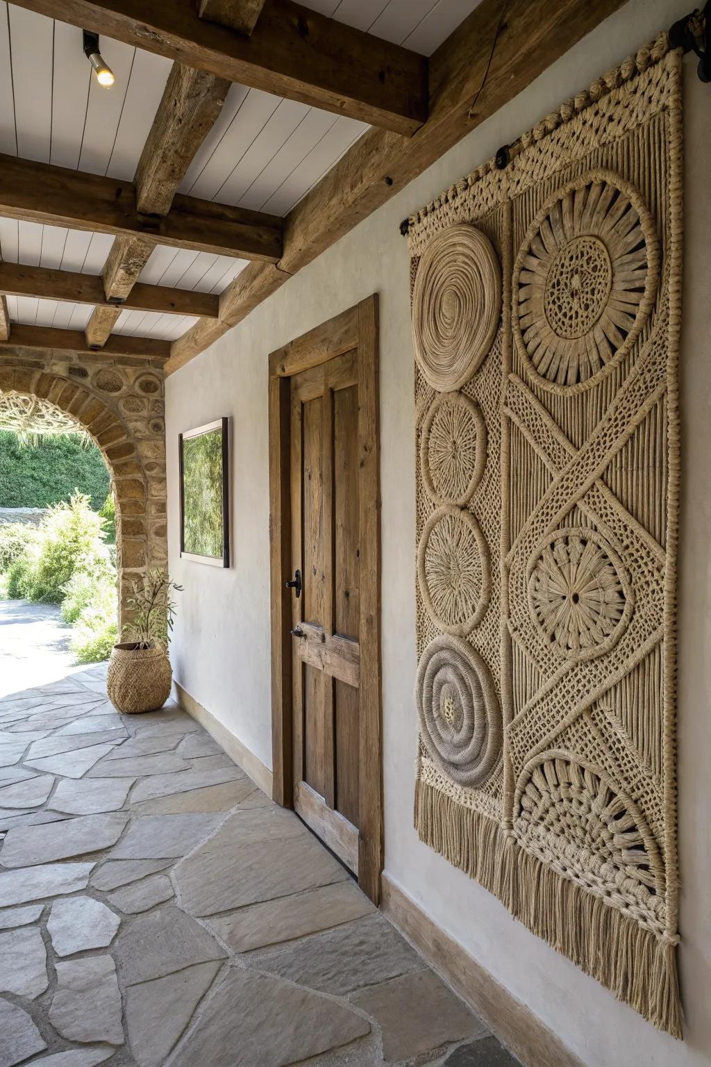 Textured wall art brings depth to the cottage entryway
