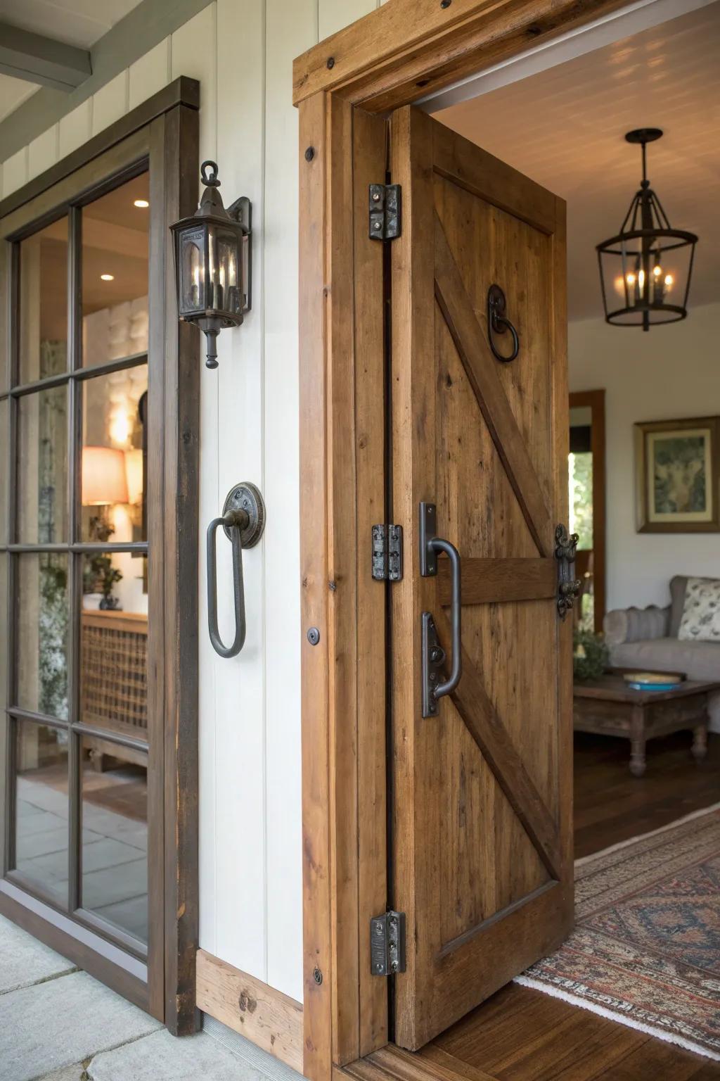 Industrial accents add a modern touch to the cottage entryway