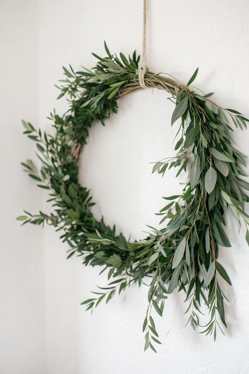 A minimalist greenery wreath adding elegance to a white wall.