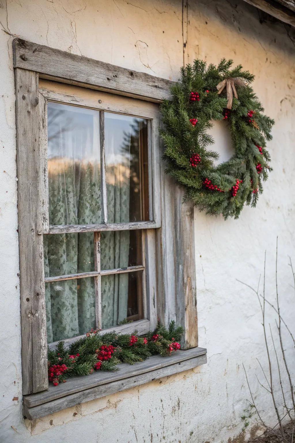 A rustic touch with a wreath on a vintage window frame.