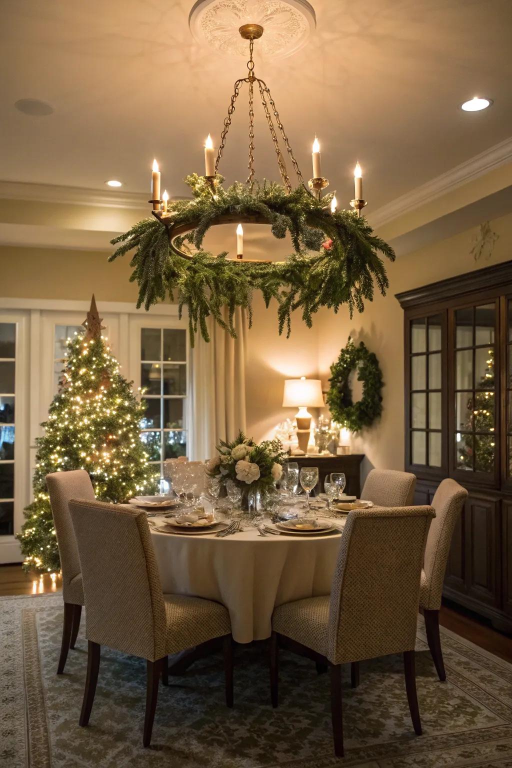 A festive chandelier adorned with a beautiful wreath.