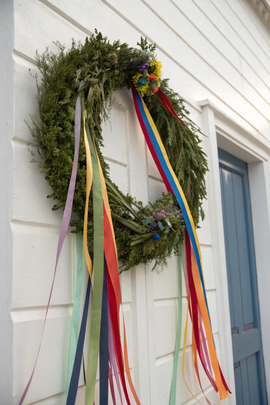 Wreaths suspended with vibrant ribbons for an elegant touch.