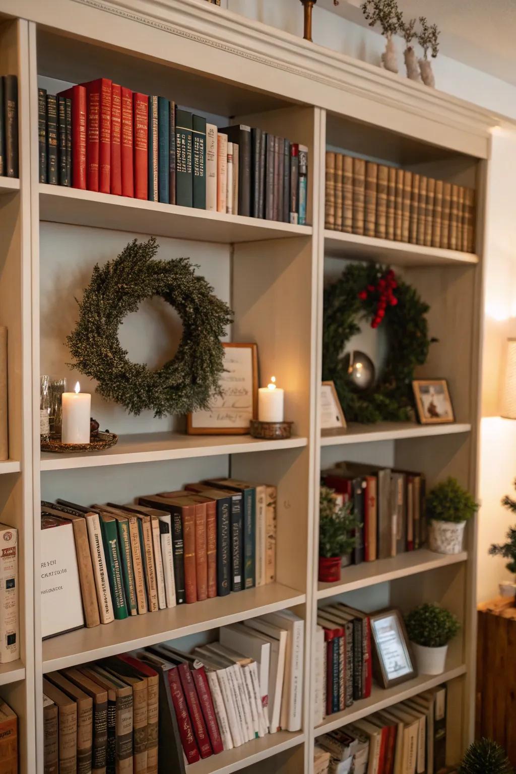 Wreaths adding interest to a bookshelf display.