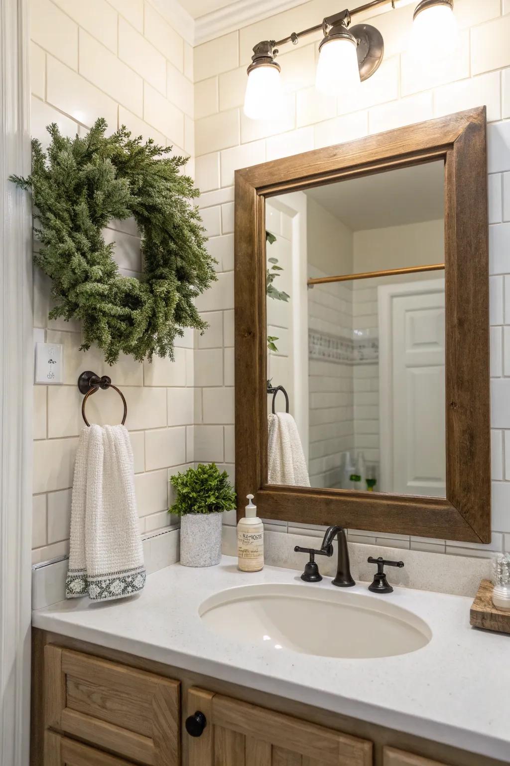 A small wreath adding charm to a bathroom wall.
