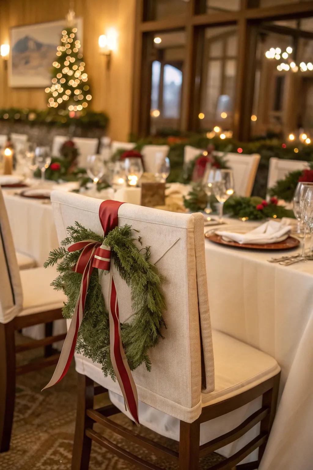 Dining chairs adorned with mini wreaths for a festive touch.