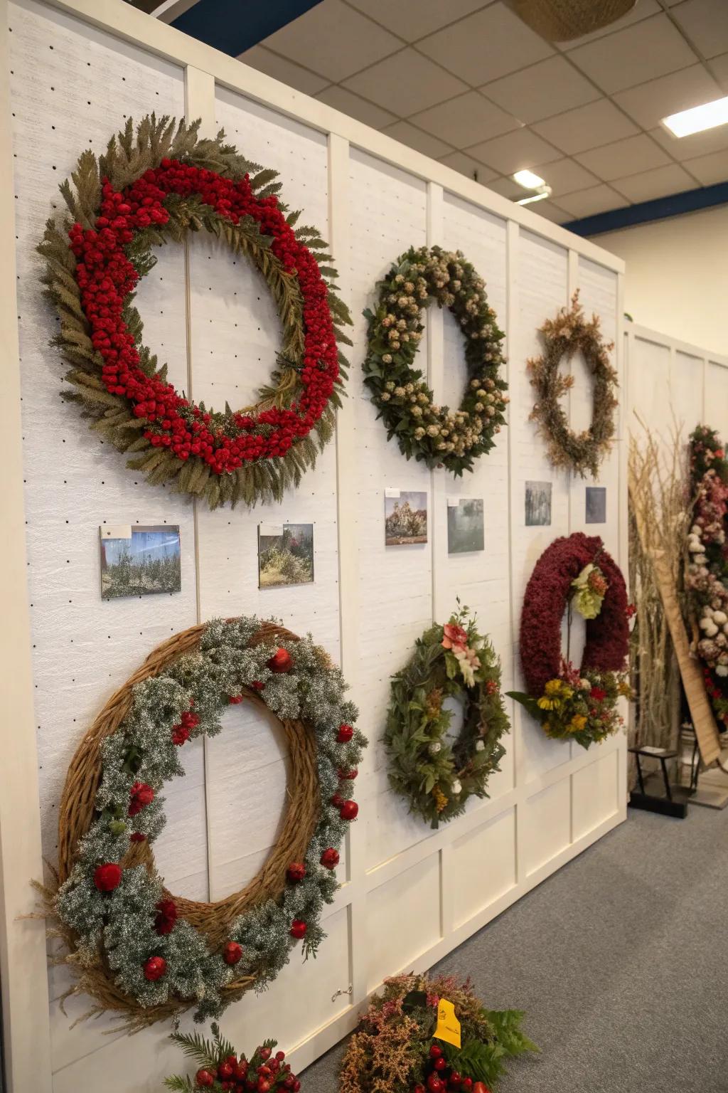 Layered wreaths creating a multidimensional artistic display.