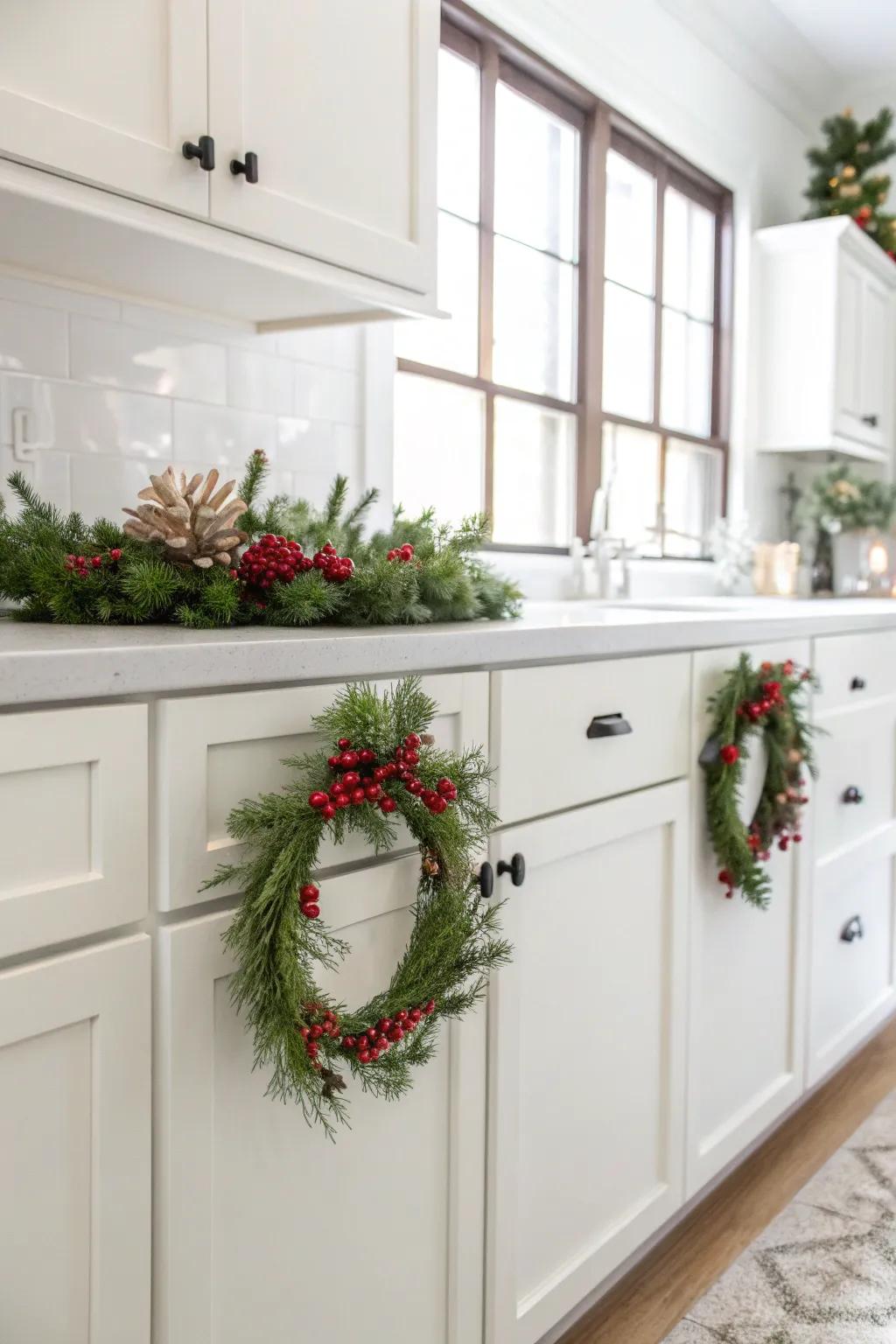 Small wreaths bringing life to kitchen cabinets.