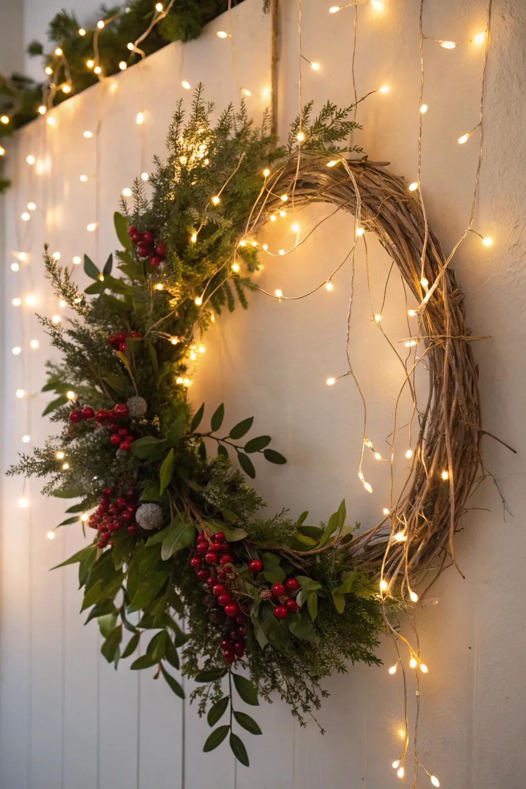 Fairy lights wrapped around a wreath for a magical glow.