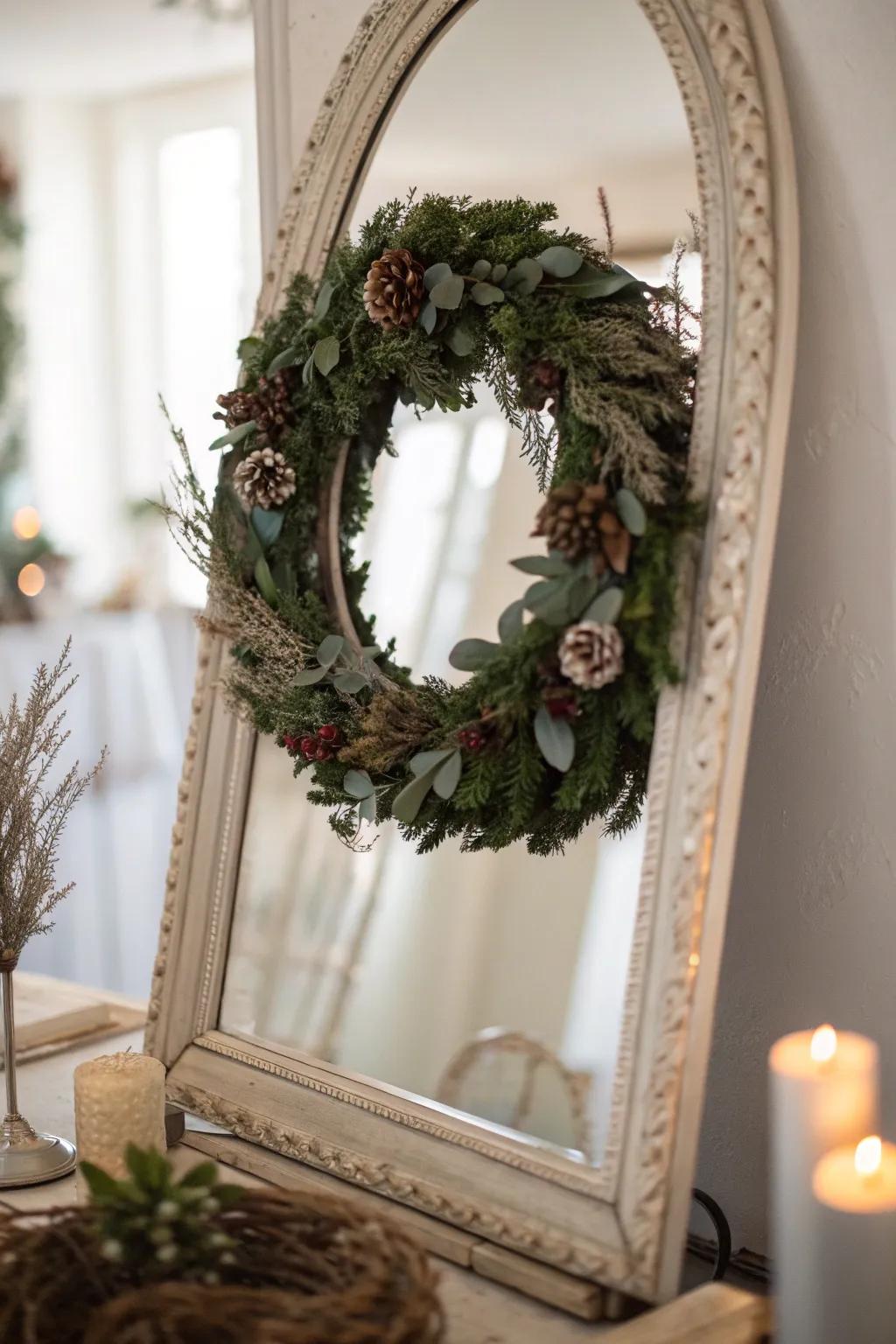 A wreath enhancing the look of a mirror.