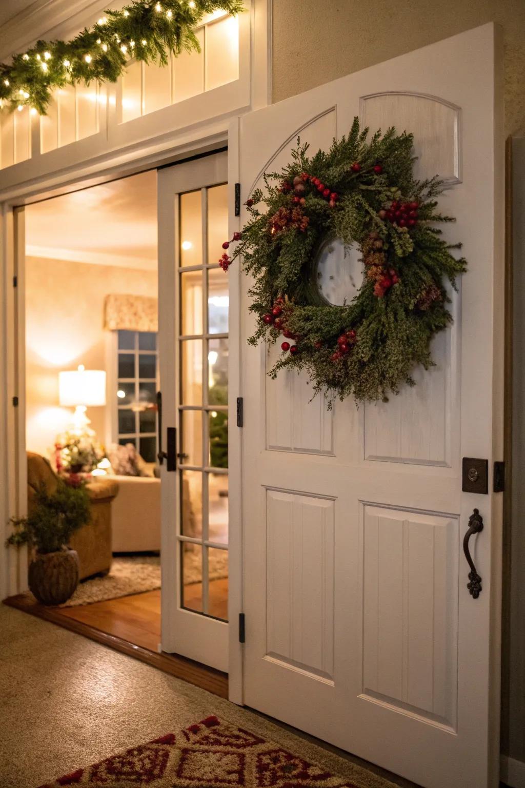 A wreath creating a beautiful entrance on an indoor door.