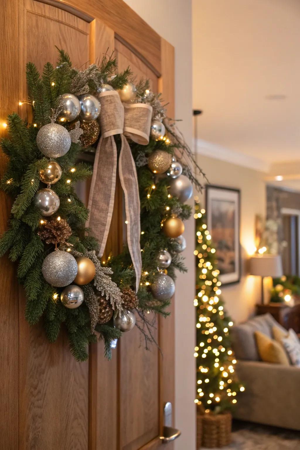 A wreath with hanging ornaments for a festive touch.