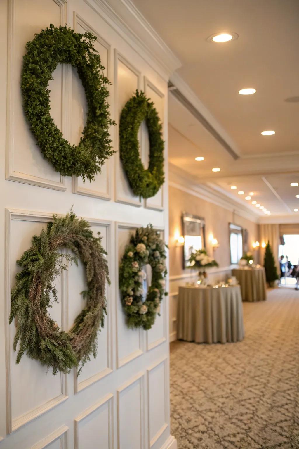 Color-coordinated wreaths blending seamlessly with decor.