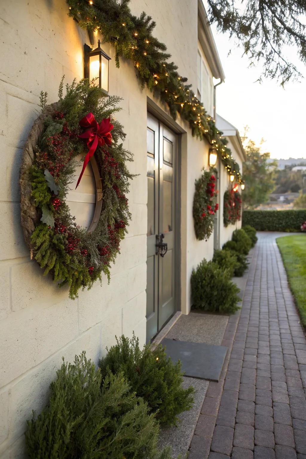 Weather-resistant wreaths adding charm to outdoor walls.
